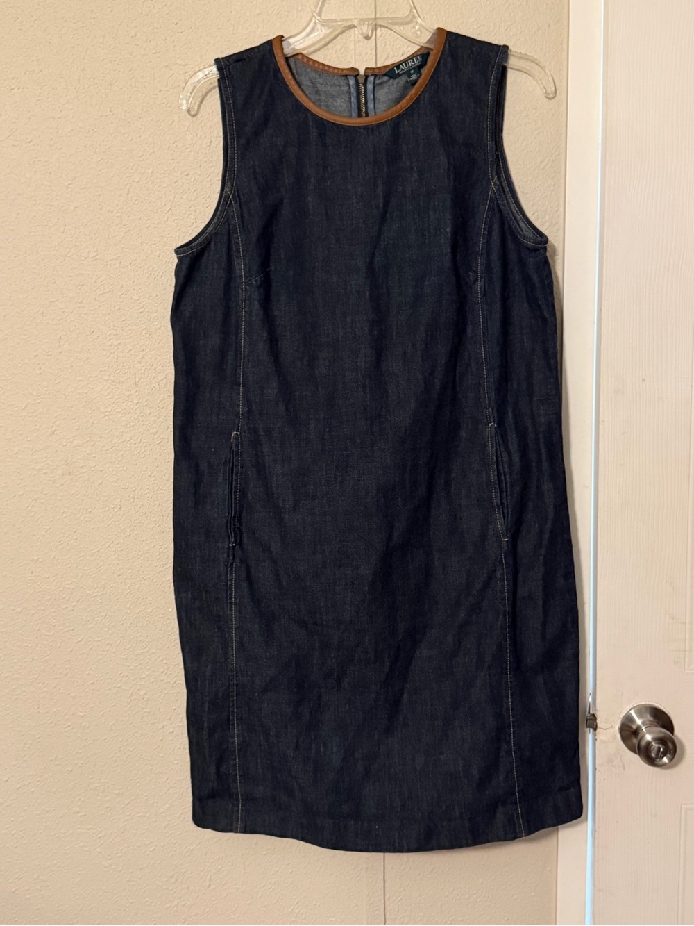 Ralph Lauren Dark Denim Shift Dress with Brown Trim